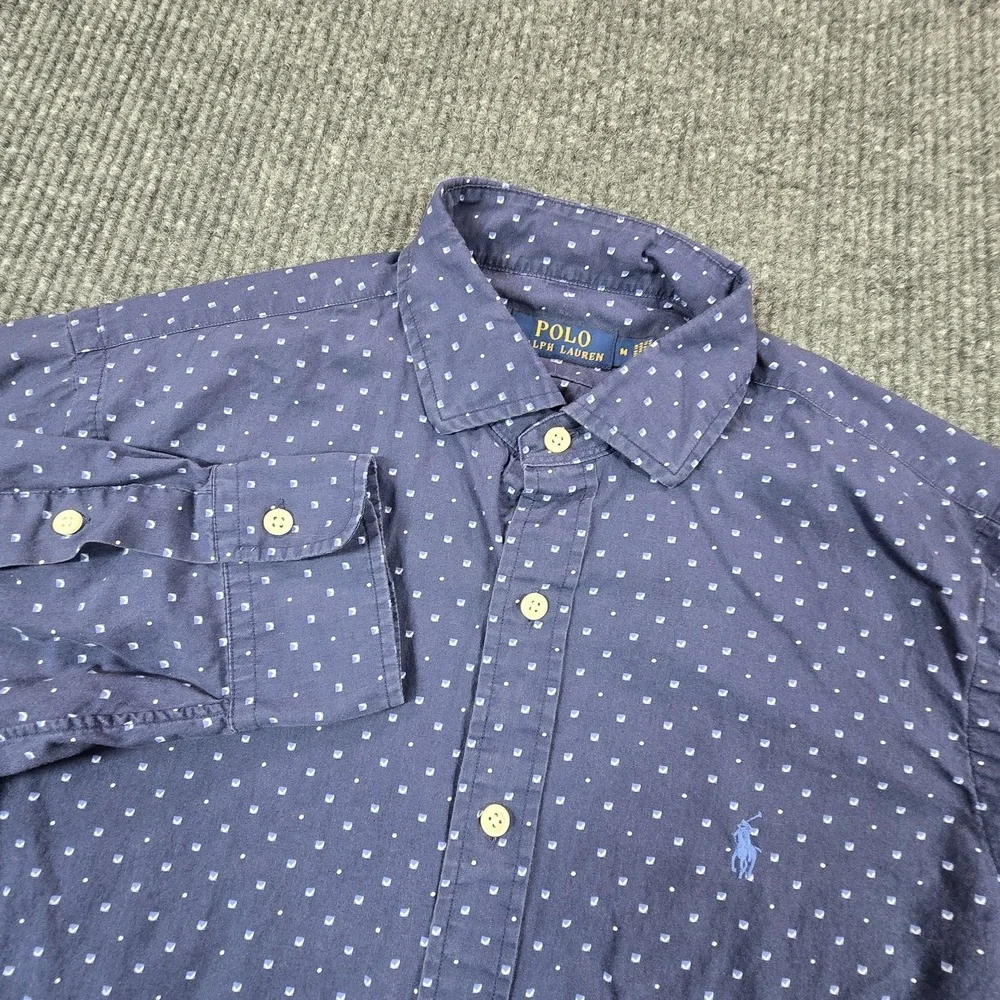 Polo Ralph Lauren Shirt Mens Medium Blue‎ Polka Dot Button Up Long Sleeve